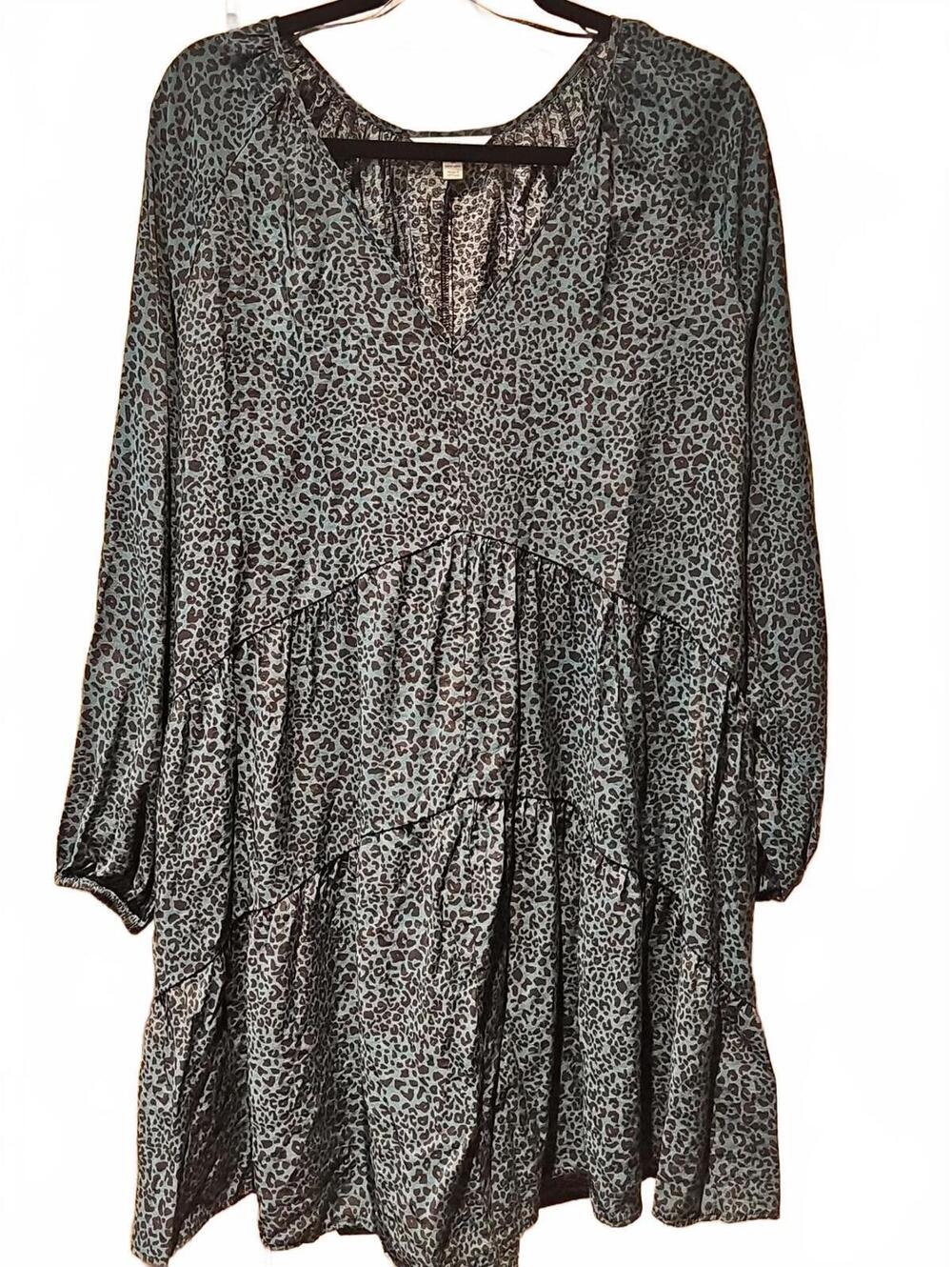 Terra & Sky Women’s Plus Size 1X Leopard Print Dress V-Neck Layered Teal NWOT